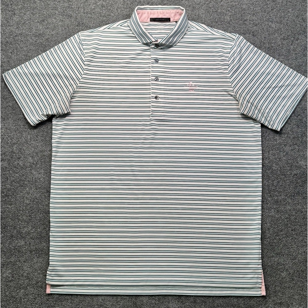 Greyson Golf Polo Shirt Mens Large Striped Performance Pink Green Wolf Logo